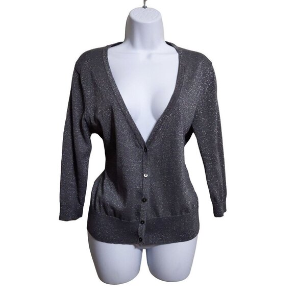 Old Navy Shinny Silver 3/4 Sleeve button up Cardigan Sweater Size M - Picture 1 of 9